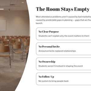 May include: An infographic titled The Room Stays Empty featuring a photo of an empty classroom with rows of wooden chairs. The text lists four attendance problems: No Clear Purpose, No Personal Invite, No Ownership, and No Follow-Up.