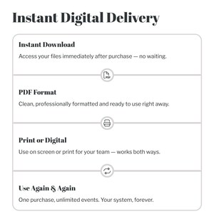May include: An informational graphic titled Instant Digital Delivery. It lists four features: Instant Download for immediate access, PDF Format for professional use, Print or Digital for screen or paper, and Use Again & Again for unlimited events.