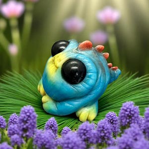 May include: A small, blue and yellow creature with large eyes and a red crest sits on a bed of purple flowers. The creature has a whimsical, cartoonish appearance.