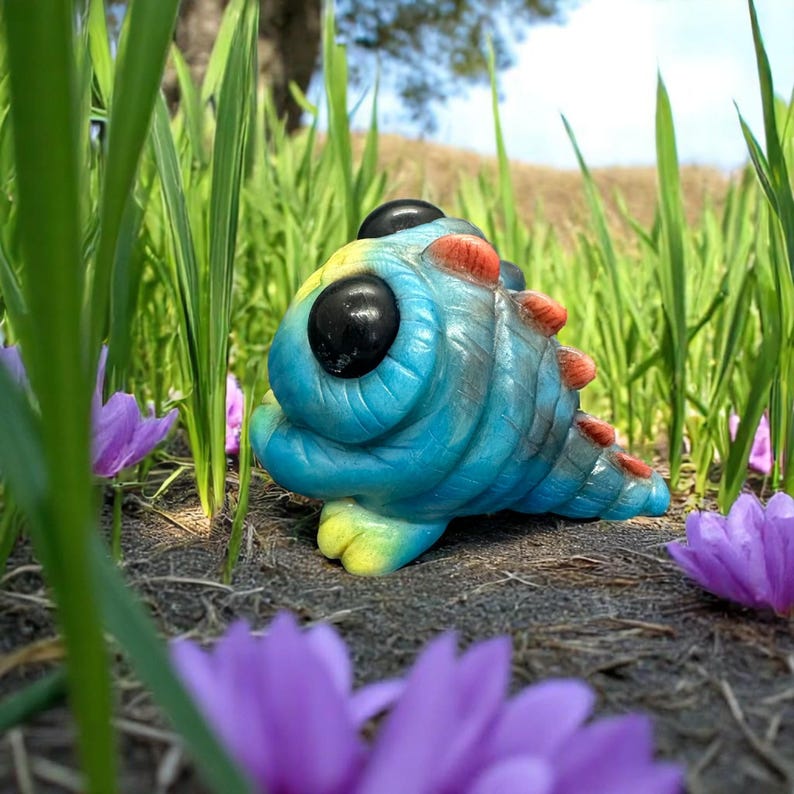 Op de afbeelding: Een handbeschilderd keramiek beeldje van een cartoonfiguur met grote ogen en een rood en oranje stekelig rug. Het beeldje zit in een bed van groen gras en paarse bloemen.
