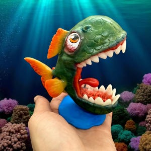 Tiny Piranha Sculpture, Miniature Fish Figurine, Handmade Polymer Clay Ocean Decor, Unique Desk Pet, Gift for Fisherman, Small Aquarium Art