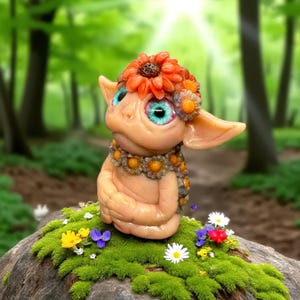 Op de afbeelding: Een grillig beeldje van een wezen met grote oren, versierd met een bloemenkrans en ketting. Het wezen heeft grote, expressieve ogen en poseert op een met mos bedekte rots met kleurrijke wilde bloemen. De achtergrond is een vage bosscène.