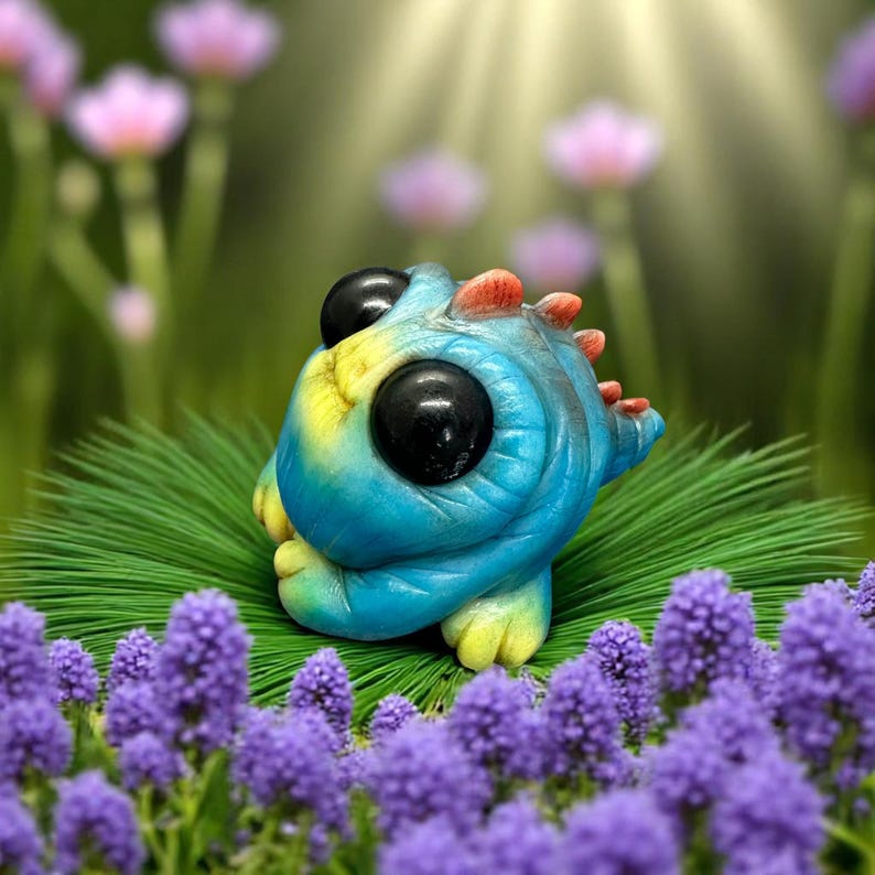 May include: A small, blue and yellow creature with large eyes and a red crest sits on a bed of purple flowers. The creature has a whimsical, cartoonish appearance.
