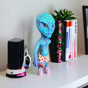 Alien Figurine, Cute Fantasy Newcomer, UFO Gift, Funny Desk Buddy, Sci-Fi Decor, Designer Art Toy, Weird Stuff for Friends or Collectors