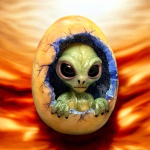 Könnte beinhalten: Eine kleine, grüne Alien-Figur mit großen Augen schaut aus einem rissigen, gelben Ei. Das Ei hat blaue und violette Akzente um die Öffnung.