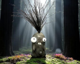 Gray Monster Figurine with Hair, Handmade Polymer Clay Art, Cute and Spooky Miniature Sculpture, Unique Gift, Funny - Creepy Cute Decoration