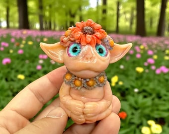 Flower Troll Figurine, Nature Spirit Sculpture, Creepy Cute Fantasy Creature, OOAK Polymer Clay Art, Whimsical Gift for Her