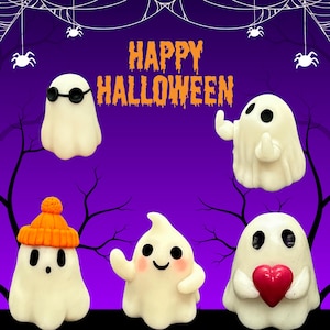 May include: A purple background with the words "HAPPY HALLOWEEN" in orange. Five white ghost figures with different expressions and accessories are featured. Some ghosts wear sunglasses or hats, and one holds a red heart.