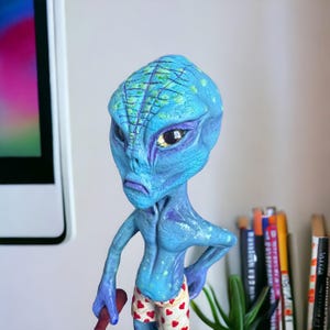 Playful Alien in Underpants Figurine ,Fun Desk Decor & Unique UFO Gift