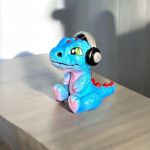 Dinosaur with Headphones, Handmade Polymer Clay Figurine, Cute Monster Sculpture, Unique Desk Decor, Funny Gift for Musicians