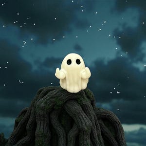 Handmade Polymer Clay Halloween Ghost Figurine with &quot;Rude&quot; Gesture, Spooky Pocket Ghost with Faces, Creepy Cute Collectible Miniature