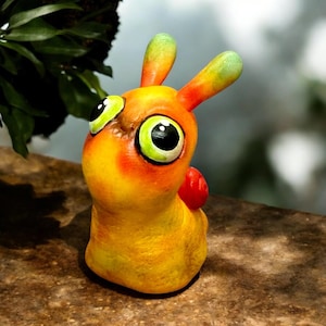 Cartoony Funny Mythical Creature, Adorable Critters Sculpture in Yellow Polymer Clay, Gift for Snail Lover