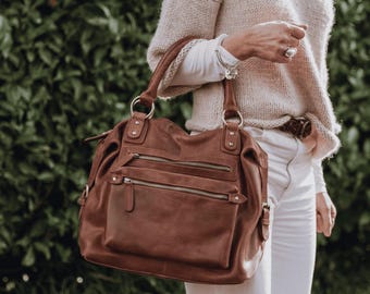 Leather Handbag Top Handle, Brown Full-Grain Leather Purse with Zipped Front Pockets, M24