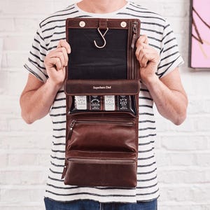 Personalised Leather Hanging Wash Bag, Toiletry Organizer for Men, Travel Dopp Kit, Custom Gift for Him, M57