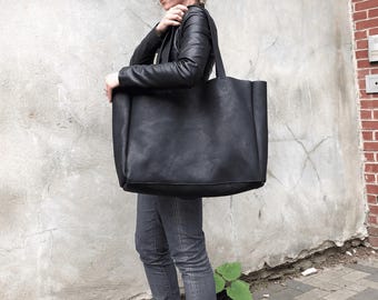 Extra Large Black Leather Tote Bag: Handmade Shoulder Bag, M21