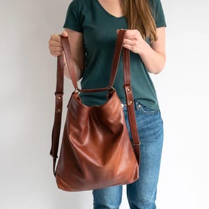 Cognac Leather 3-in-1 Convertible Backpack: Vintage Slouchy Shoulder Bag