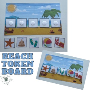 May include: A beach-themed token board with a sunny beach scene background. The board has five squares with velcro, and includes matching tokens with images of a starfish, sandcastle, flip-flops, beach ball, and swimsuit. The text "BEACH TOKEN BOARD" is displayed.