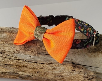 Outdoor-Inspired Pet Bow Tie in Blaze Orange and Camo, Velcro Collar Accessory