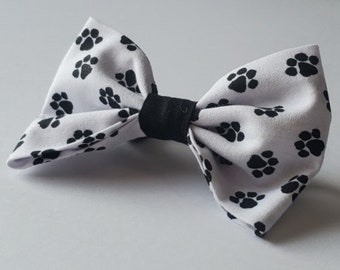 Pet Bow Tie in White with Black Paw Prints - Velcro Attachable to Collar