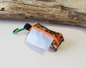 Camo Pet Waste Bag Holder with Blaze Orange Lining and Mini Carabiner Clip - Dog Poop Bag Dispenser / Camping Supplies / Pet Parent Gift