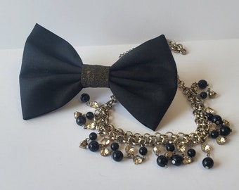 Chic Black Cat or Dog Bow Tie with Gold Glitter Accent / Wedding Fashion / Handmade