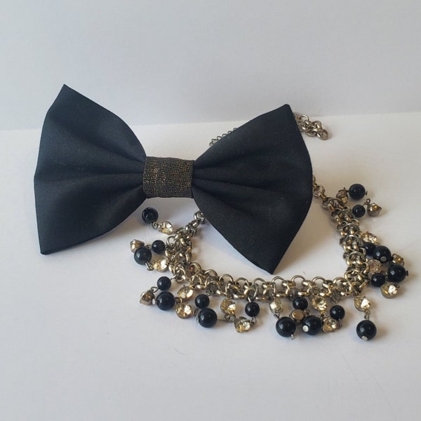 Chic Black Cat or Dog Bow Tie with Gold Glitter Accent / Wedding Fashion / Handmade