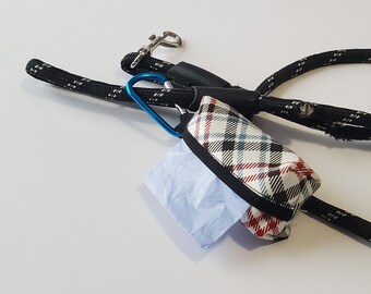 Cute Dog Waste Bag Dispenser - Plaid Pattern with Mini Carabiner Clip for Leash Attachment