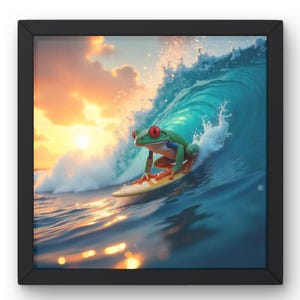 May include: A framed print showing a green frog with red eyes surfing a wave. The frog is riding a yellow surfboard on a blue wave with white foam. The background features a sunset with orange and yellow hues.