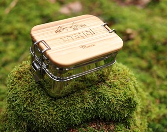 Lunchbox aus Edelstahl und Olivenholz, Biker, Brotdose personalisiert, Lunchbox wandern, Wandern Geschenk, Berge Geschenk, Geschenk Männer