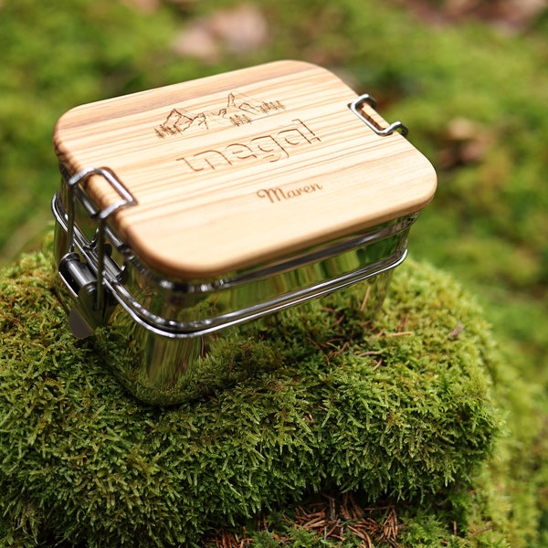 Lunchbox aus Edelstahl und Olivenholz, Biker, Brotdose personalisiert, Lunchbox wandern, Wandern Geschenk, Berge Geschenk, Geschenk Männer