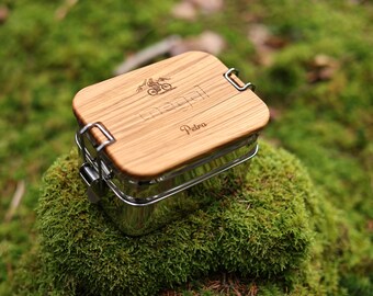 Lunch box made of stainless steel and olive wood, mountain motif, personalized lunch box, hiking lunch box, hiking gift, mountains, gift for men