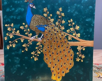 Tanjore fusion with modern Art Tanjore (24 carat GOID foil Embossed)painting of golden peacock.