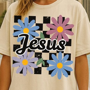 Boho Flower Jesus T-Shirt, Retro Distressed Checkered Christian Tee, Comfort Colors Trendy Floral Religious Tee, Vintage Bible Verse T Shirt