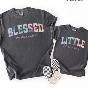 Mommy & Me Matching Patchwork Shirt, Christian Mom And Daughter Little Blessing Comfort Colors Jesus T-Shirt