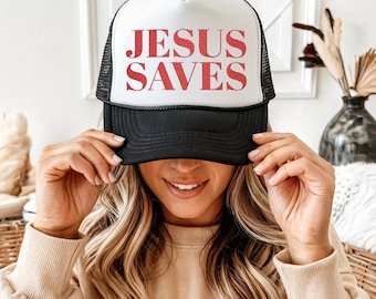 Embroidered Jesus Saves Christian Trucker Hat, Trendy Christian Hat, Christian Mom Cap, Christian Gifts, Unisex Trucker Cap Relgious Gift