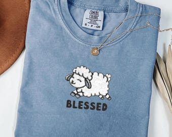 Embroidered Comfort Colors Sheep Christian T-Shirt: Adorable Blessed Jesus Shirt Embroidery Tee