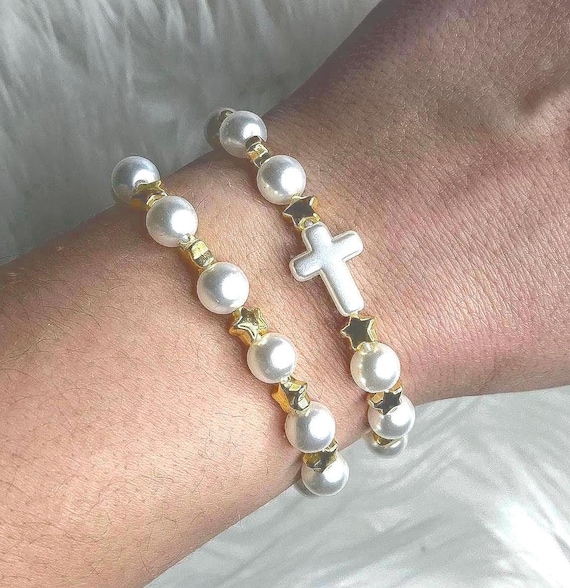 Handmade Faux Pearl Cross Bracelet Set: Gold Star Beaded Christian