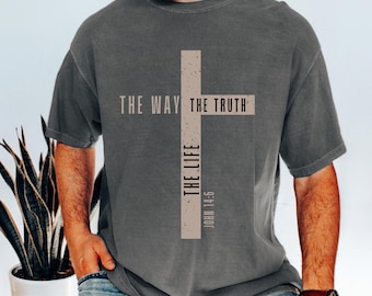 Mens Jesus is King Merch, The Way the Truth the Life, John 14:6 Bible Verse Jesus Shirt, Mens Christian T-Shirt, Christian Men Cross Tee