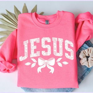 Coquette Christian Jesus Sweatshirt, Floral Soft Girl Pink Bow Bible Verse Shirt, Girly Coquette Crewneck, Cute Religious Gifts For Girls