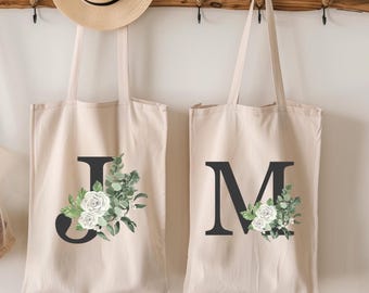 Personalisierte Brautjungfer Einkaufstasche: Initialen Blumenmuster, Baumwolle Canvas