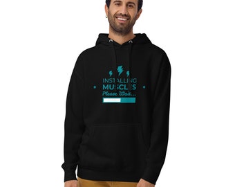Gym Humor Hoodie - 'Installing Muscles' - Comfy & Funny Fitness Wear for Bodybuilders and Gift for Athletes