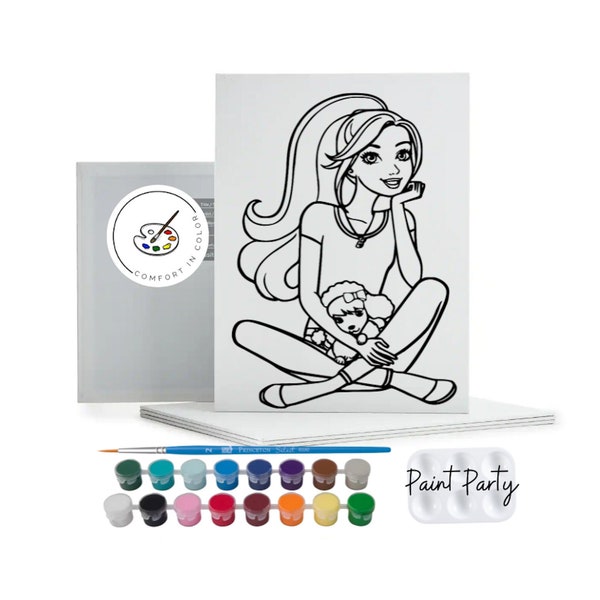 Kids Paint Party, Pre Drawn Canvas Ready To Paint, DIY Paint Canvas, Party Favors, Kids Paint Kit, Doll