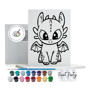 May include: A paint-by-numbers kit featuring a black and white cartoon dragon illustration. The kit includes a canvas, paint pots in various colors, a paintbrush, and a paint palette. The words "Paint Party" are visible on the palette.