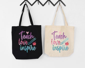 Teach Love Inspire Teacher Canvas Tote Bag, teacher bag, teacher assistant bag, bag for teacher, gift for teacher, teacher gift,