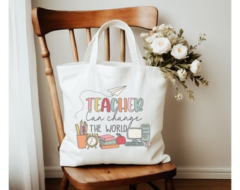 Teacher Can Change The World Canvas Tote, teacher gift, teacher assistant gift, gift for teacher, teaching staff gift under 20, teacher bag