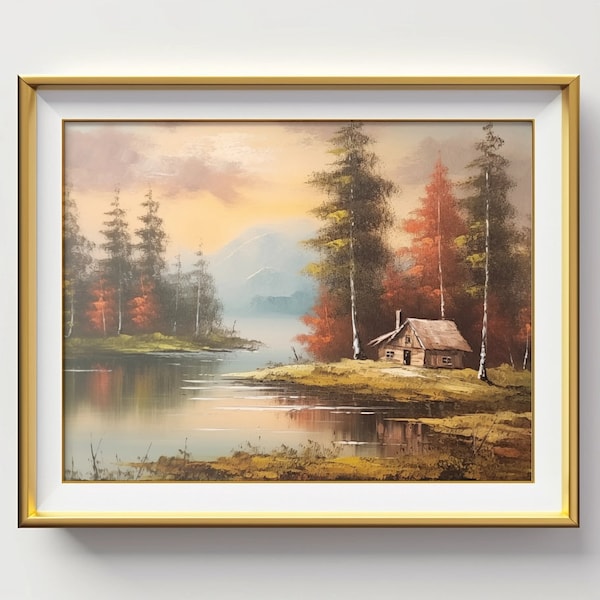 Oil painting of an old cabin by the lake in autumn,   Digital Art Print | Printable | 25+ Sizes