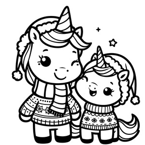 May include: A black and white line drawing of two unicorns wearing winter hats and sweaters. The unicorns are smiling and looking at each other.