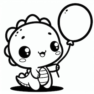 May include: A black and white line drawing of a cute cartoon dinosaur holding a balloon. The dinosaur has big eyes and a smile. The balloon is round and has a string attached to it.