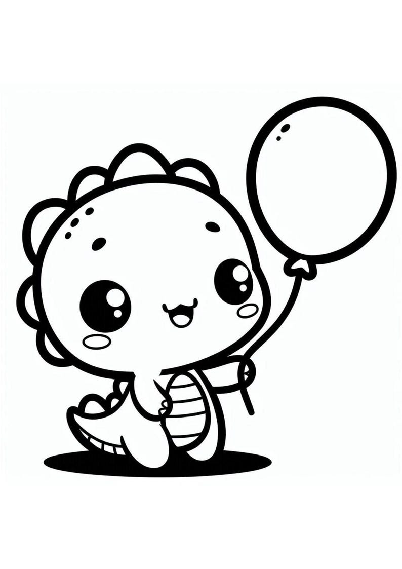 May include: A black and white line drawing of a cute cartoon dinosaur holding a balloon. The dinosaur has big eyes and a smile. The balloon is round and has a string attached to it.