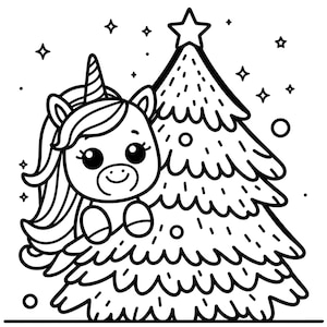 May include: A black and white line drawing of a unicorn peeking out from behind a Christmas tree. The unicorn has a star on its head and the Christmas tree has a star on top.